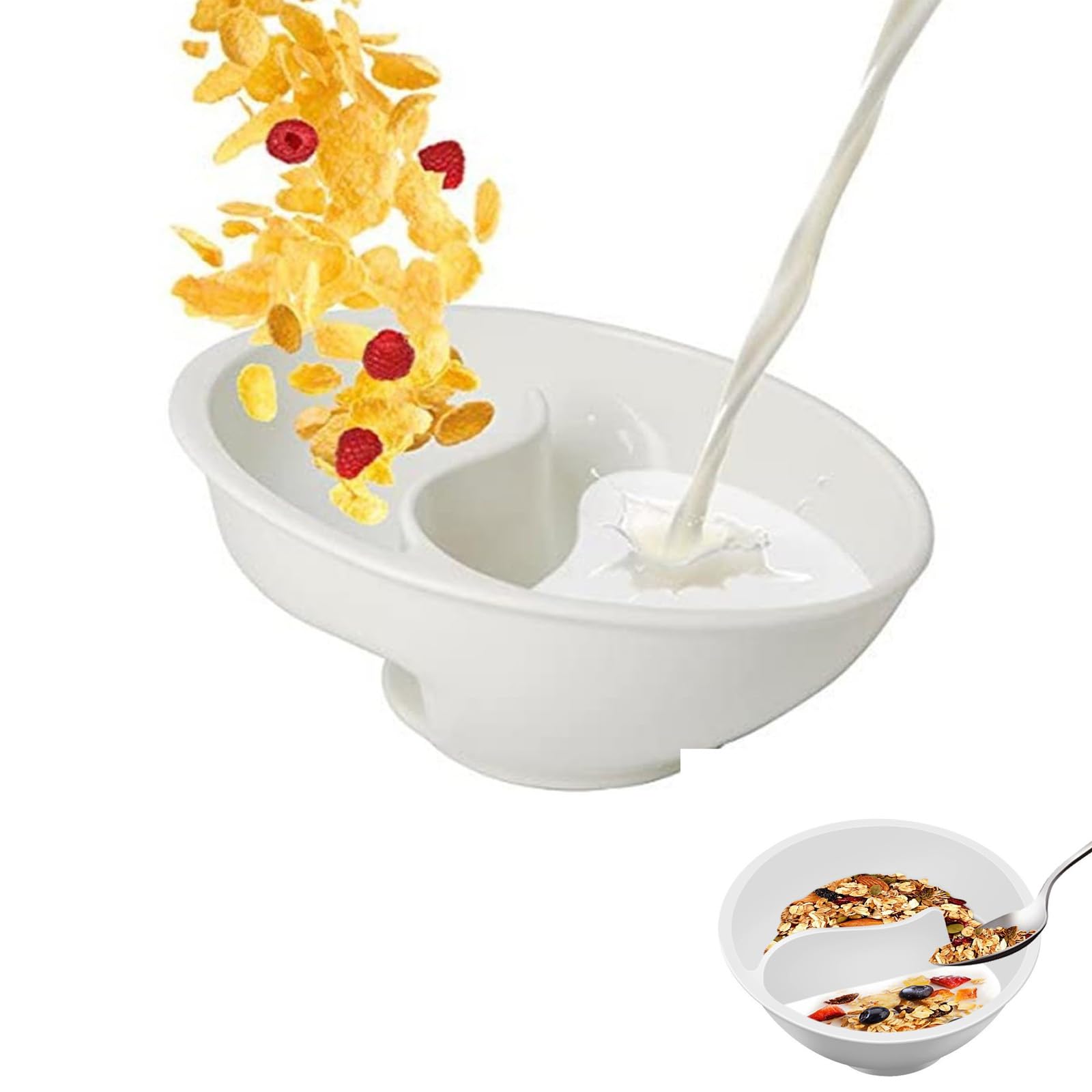 Never Soggy Cereal Bowl, Divided Cereal Bowl, Anti Soggy Cereal Bowl, Cereal Bowl Separate Milk, Reusable Snack and Dip Bowls, for Snack Milk Topping Yogurt & Berries Fries (White)