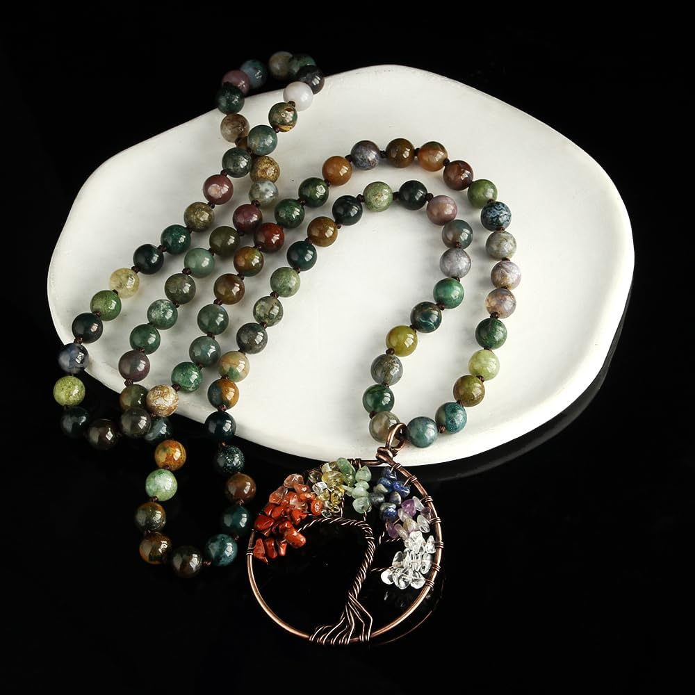 Yomisa Tree of Life Pendant Necklace for Women,Long Boho Beaded Pendant Necklace,Natural Stone Beads Necklaces Western Bohemian Handmade Trendy Charm Jewelry Gift
