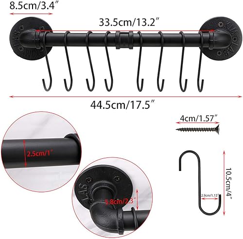 Miniatura 3 de Sumnacon Estante industrial de 16 pulgadas para ollas con 8 ganchos, riel de metal montado en la pared, utensilios de cocina, olla, tapa,