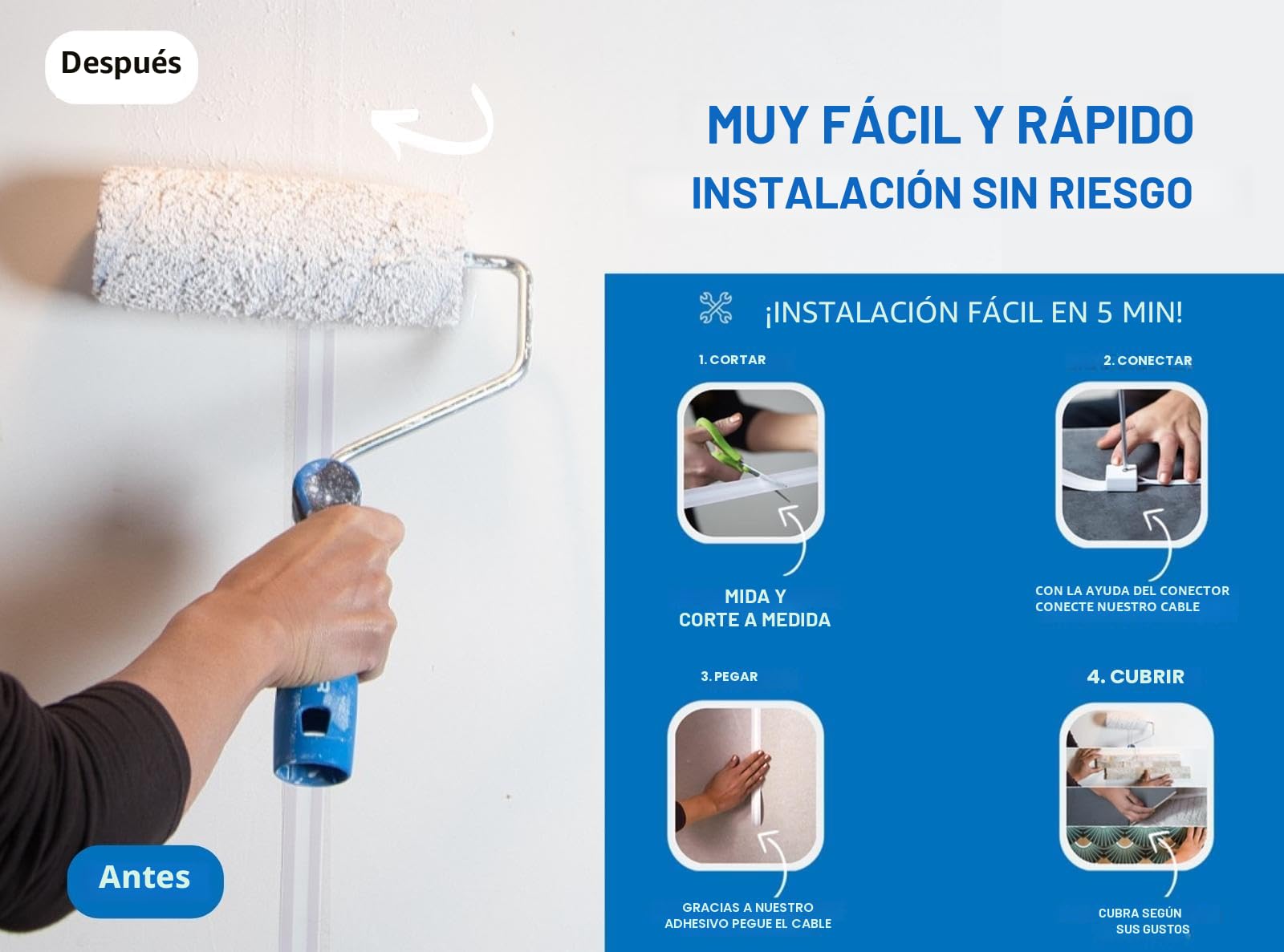 Cable eléctrico ultra plano invisible de 3M 230V/16A – 3 LÍNEAS - PACK DE ILUMINACIÓN desaparece bajo pintura, papel pintado, azulejos… Fin de las canaletas para cables