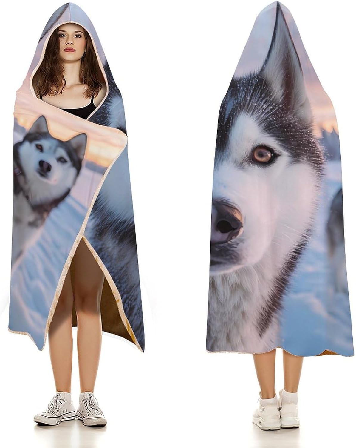 Siberian Husky Print Wearable Blanket Oversized Throw Cape | Cozy Hooded Blanket Gifts for Women Men