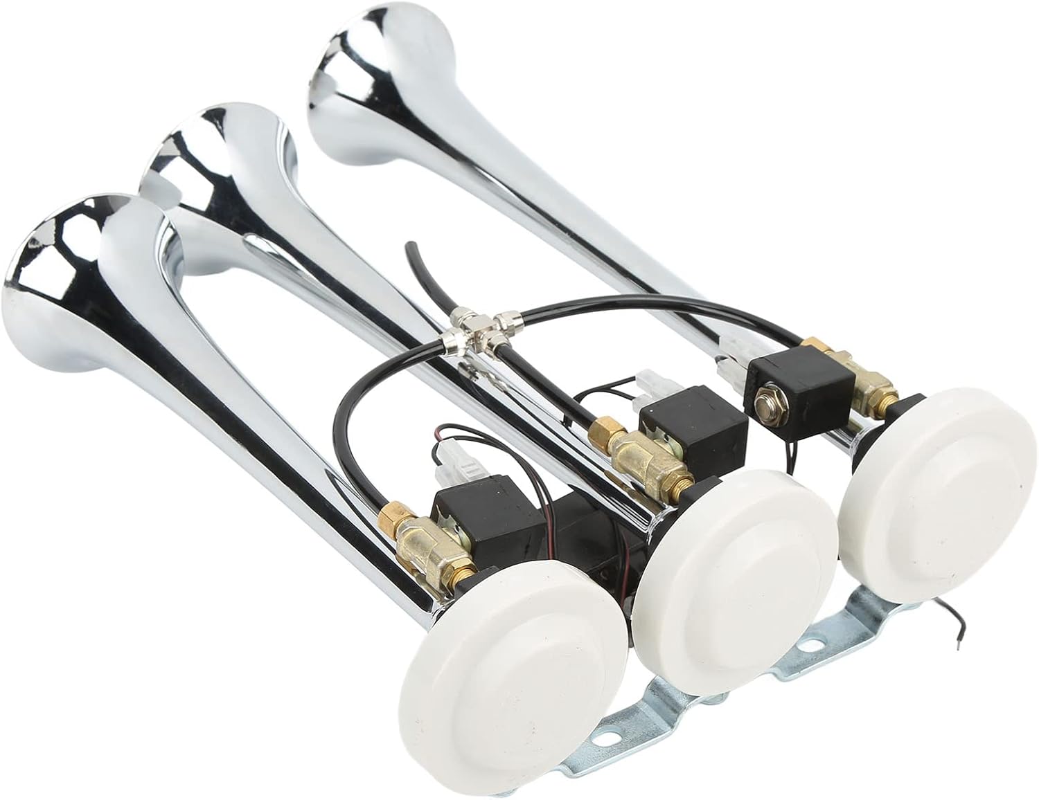 3 Trumpet Musical Air Horn with 6 Tunes, Chrome Plated Metal Loud Sound System for Trucks, Club Cars, Yachts, and Mining Carts, DC 12V 24V, Sizes 305 342 385 x 79mm