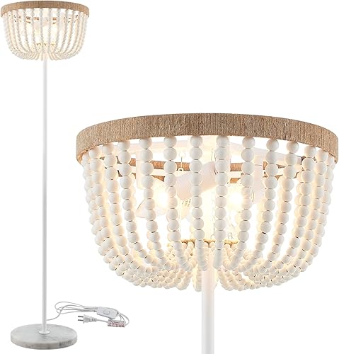 VILUXY Lámpara de pie boho con pantalla de cuentas de madera blanca para dormitorio, sala de estar, habitación de niña, 3 luces