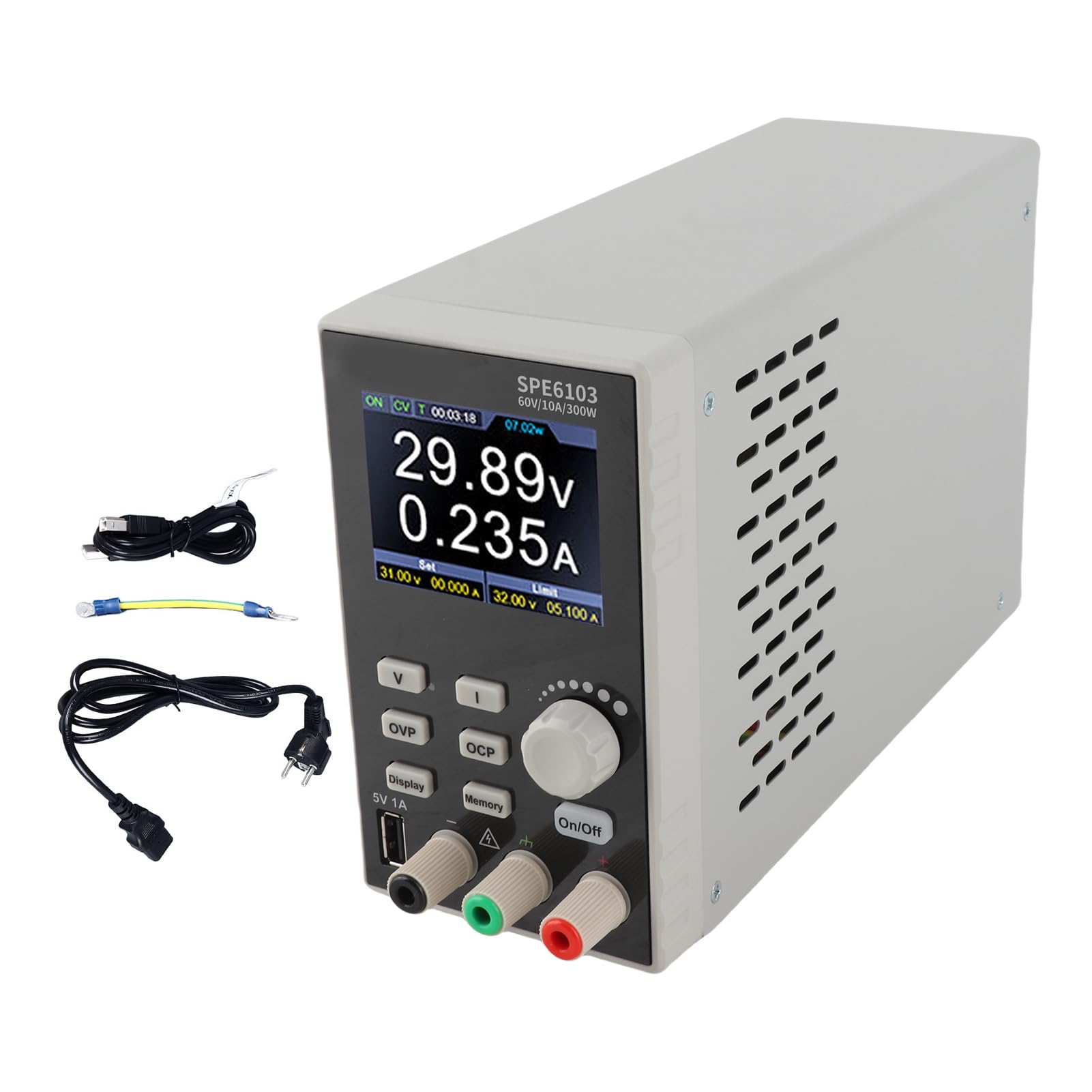 Fafeicy Alimentatore CC Regolabile 300 W Risoluzione 0,1% ± 30 MV con LCD TFT da 2,8 per Banco di Lavoro da Laboratorio, Uscita Programmabile a Potenza Costante Ricarica USB, Protezione