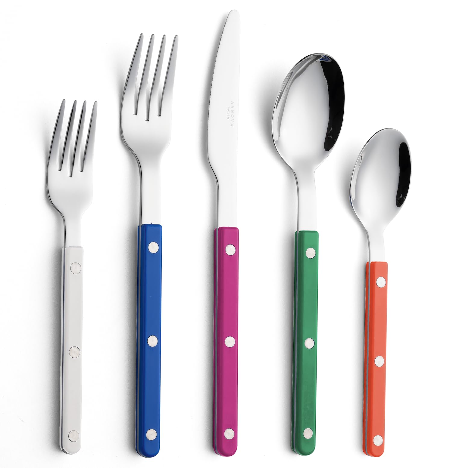 ANNOVA Silverware Set, Retro/Rivet Colorful Stainless Steel Tableware Kitchen Flatware Set Utensils, Includes Dinner Knives, Forks, Spoons, Salad Forks & Dessert Spoons (Rainbow Mix, 10 Pieces)