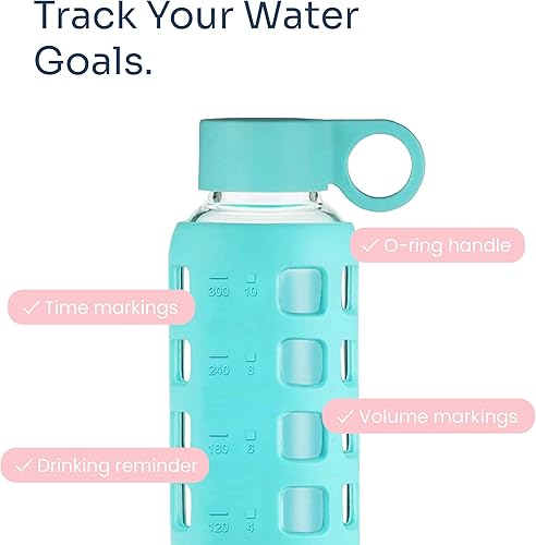 Miniatura 3 de purifyou Botella de agua de vidrio de borosilicato de 40 onzas, 32 onzas, 22 onzas, 12 onzas, con marcadores de tiempo y volumen, funda de silicona