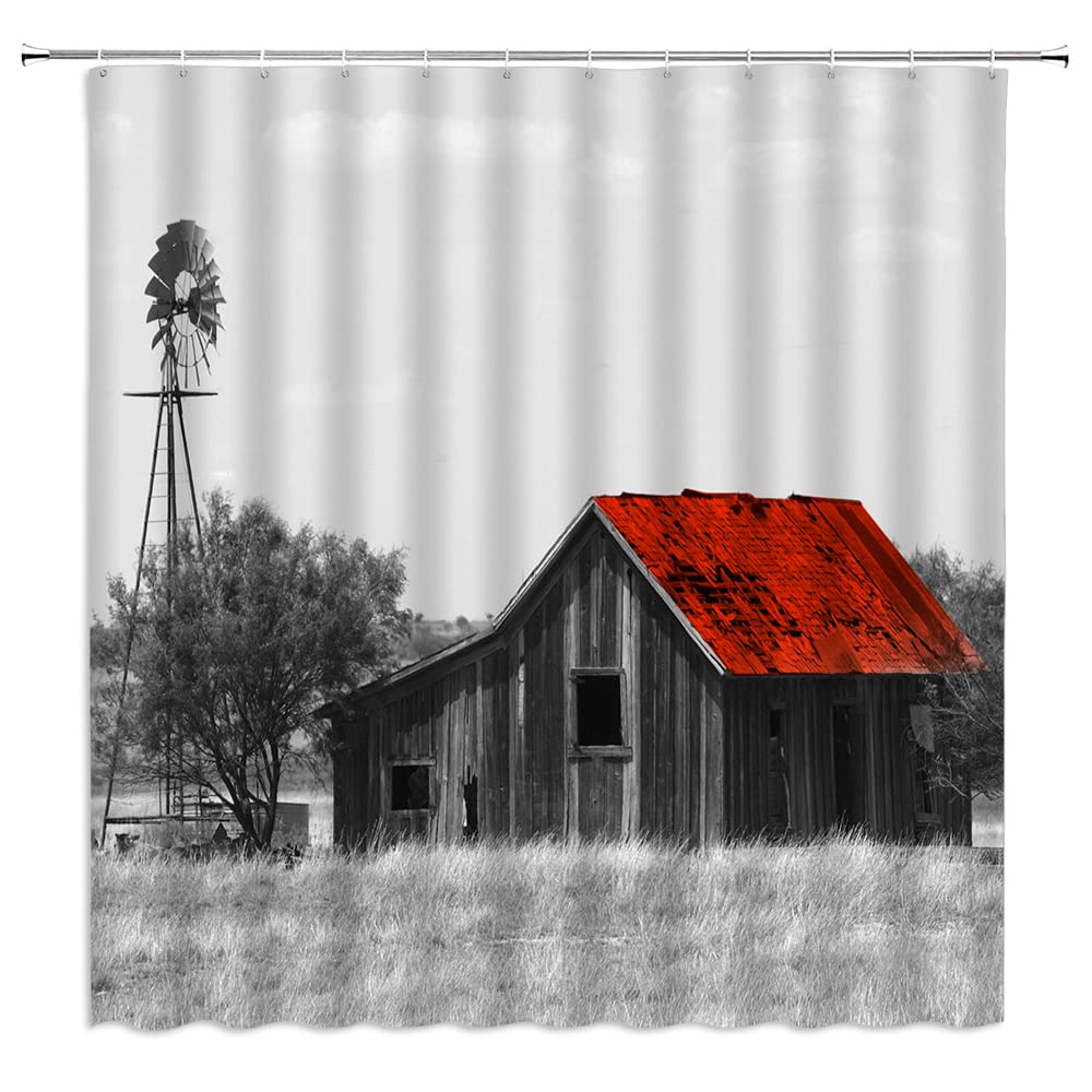 SunheFarmhouse Shower Curtain Black Gray Red Rustic Vintage Gray Barn Windmill Grassland Tree Primitive Western Farm Country Style Fabric Bathroom Decor Polyester Curtain with Hooks