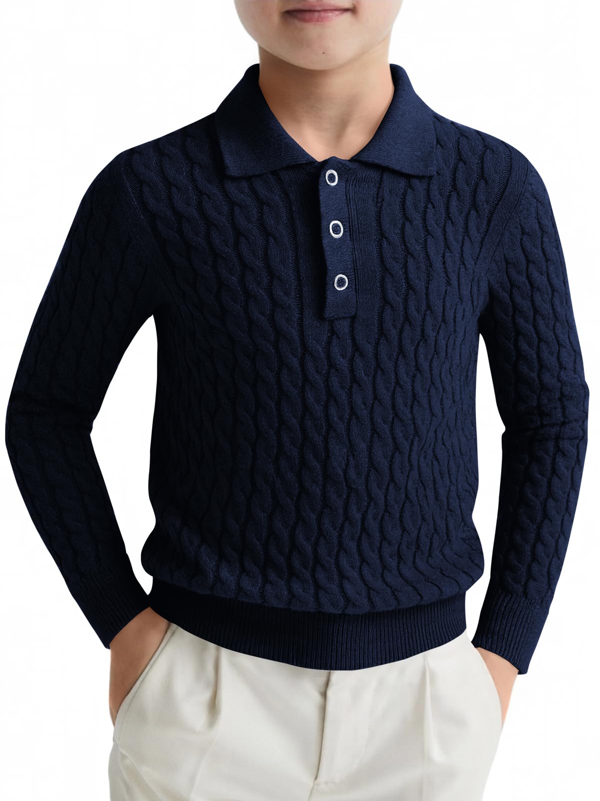 Haloumoning Boys Cable Knit Polo Shirt Kids Long Sleeve Sweater 5-14 Years