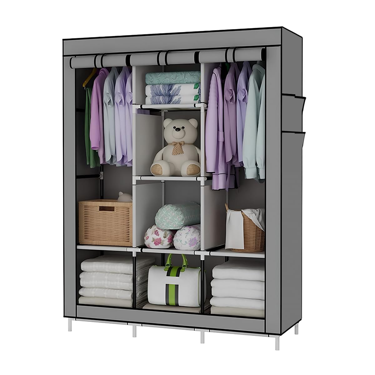 Raganet, Closet Plegable de 4 Niveles Color Gris, Organizador de Ropa Minimalista, Telas y Barras Resistentes y Duraderas, Organizacion de Ropa, Calzado y Accesorios, Armable y Desmontable