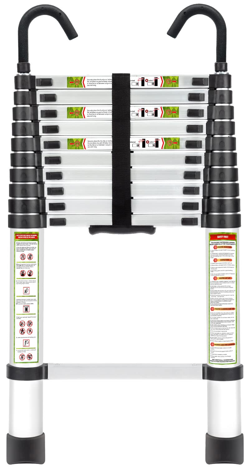 Telescopic Ladder, 10.5FT RIKADE Aluminum Telescoping Ladder with Non-Slip Feet and Stable Hook, Portable Extension Ladder for Household and Outdoor Working, 330lb Capacity