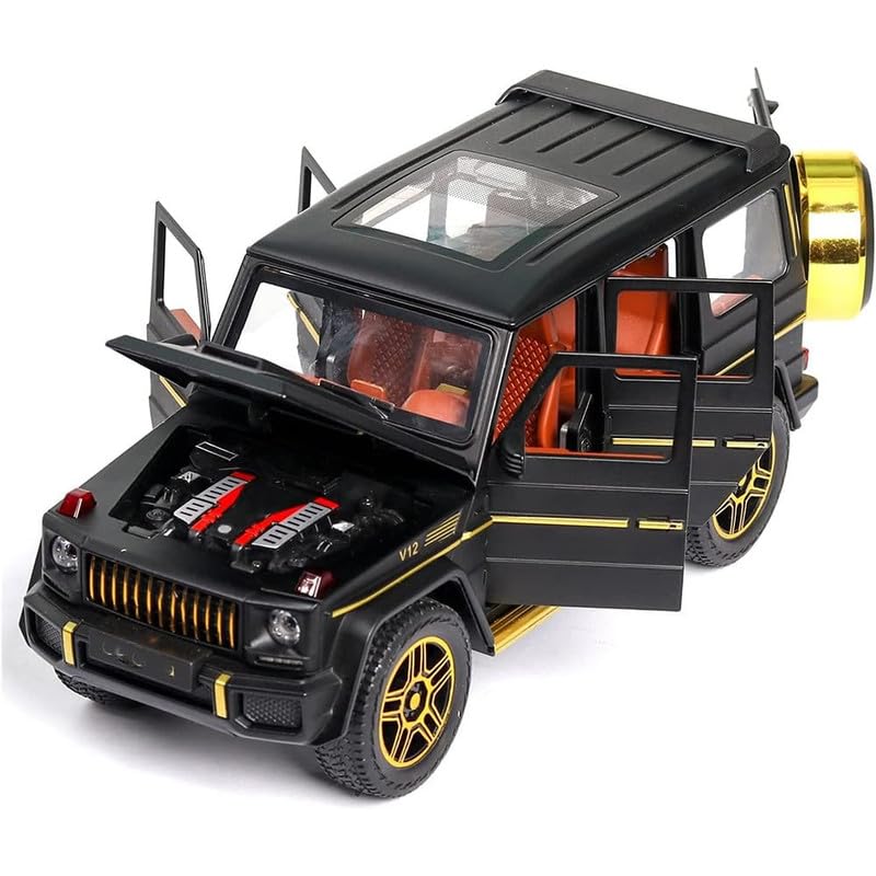 Image of Kids Model 1:24 G Wagon Die Cast Metal Car Pull Back Action Opening Doors with Realistic Engine Sound Lights Toy Car Gift for Boys - Black