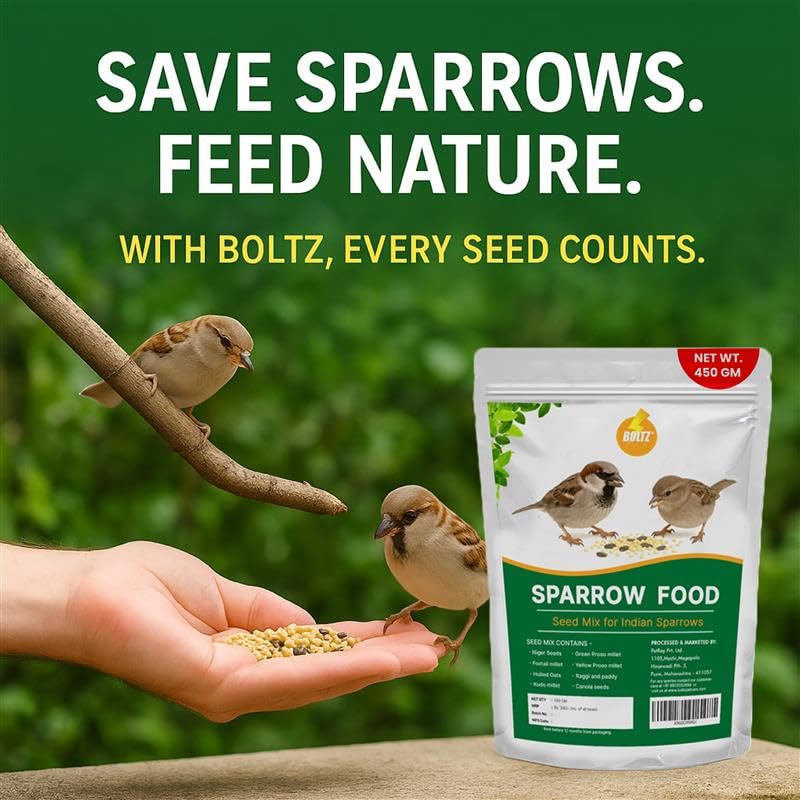 Image of Boltz Premium Sparrow Food, Natural Mix of Seeds & Grains, Daily Nutrition for House Sparrows & Wild Birds, Rich in Protein, Fiber & Vitamins, Clean, Fresh & Easy to Digest (450 Gram)