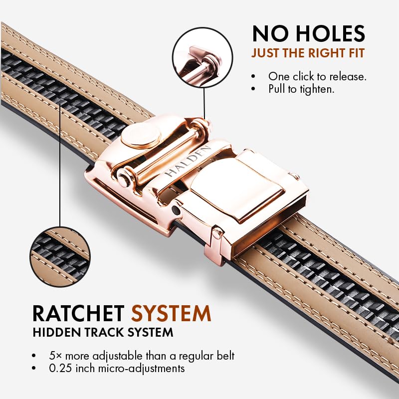 Image of HALDEN THEO Belt For Men Leather Original (Adjustable Fits Up to 44 Inch Waist) Ratchet Straps, Unique Magnetic Auto-lock Buckle Adjustable Belt For Men