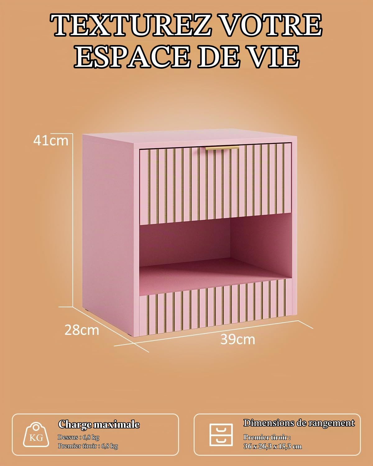 HEYZOEY Petite table de chevet rose avec tiroir et compartiment moderne