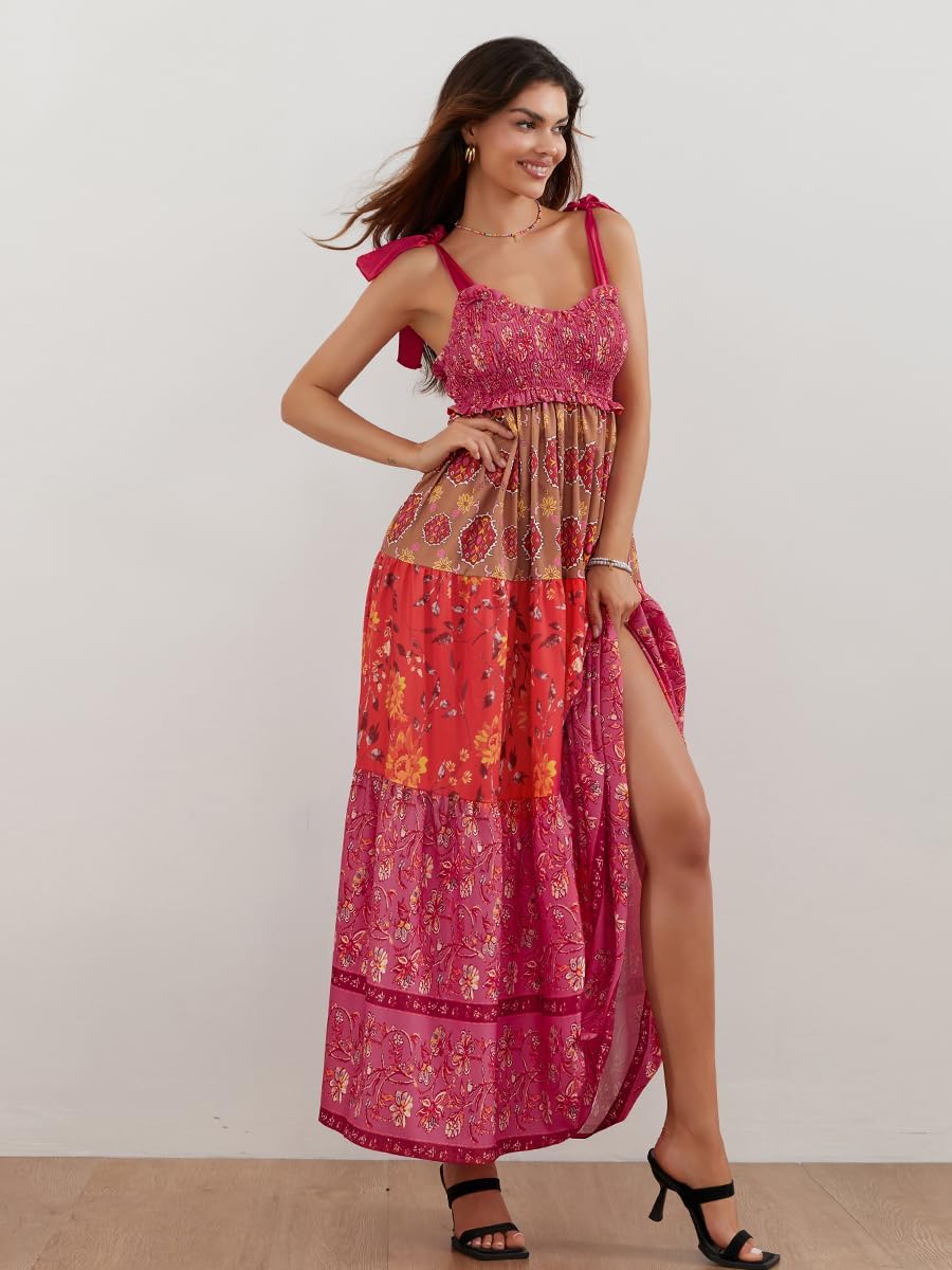 Springcmy Women Summer Floral Spaghetti Strap Dress Flowy Smocked Tie Up Boho Maxi Swing Dress Y2K Beach Sundress (A-Red, M), Medium - Image 2