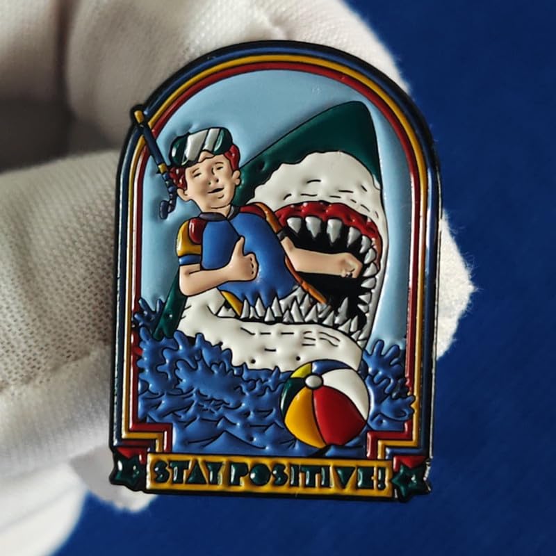 Image of Stay Positive Funny Enamel Lapel Pin Swimming meets sharks badge brooch for backpack and coat