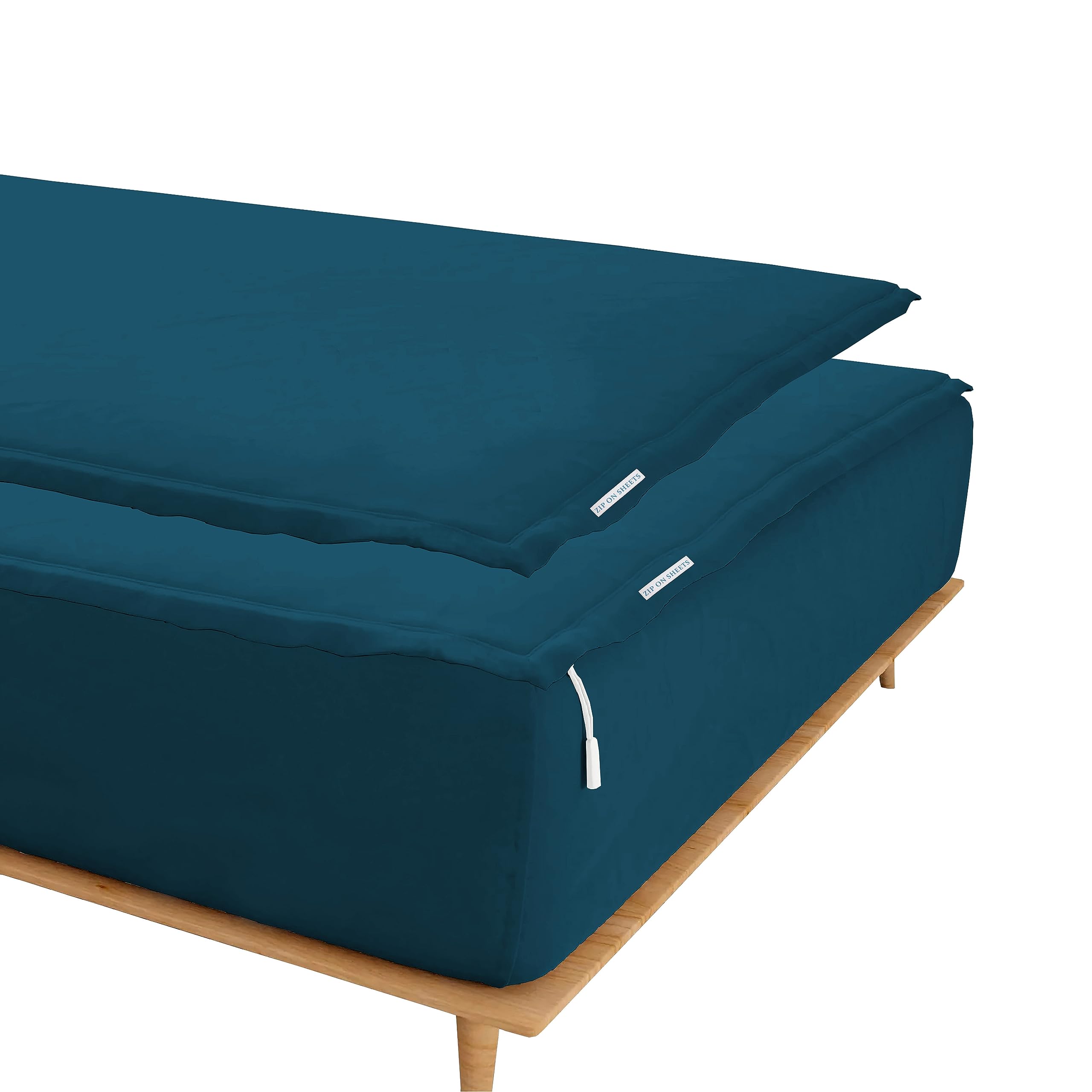 Zip On Sheets™ Zipper Fitted Sheet Full Size - Upto 16” Inch Deep Pockets - Includes 1 Fitted Sheet Base & 2 Zip-On Sheets - Easy to Use, Sateen Cotton 500 TC Fitted Sheet - Teal