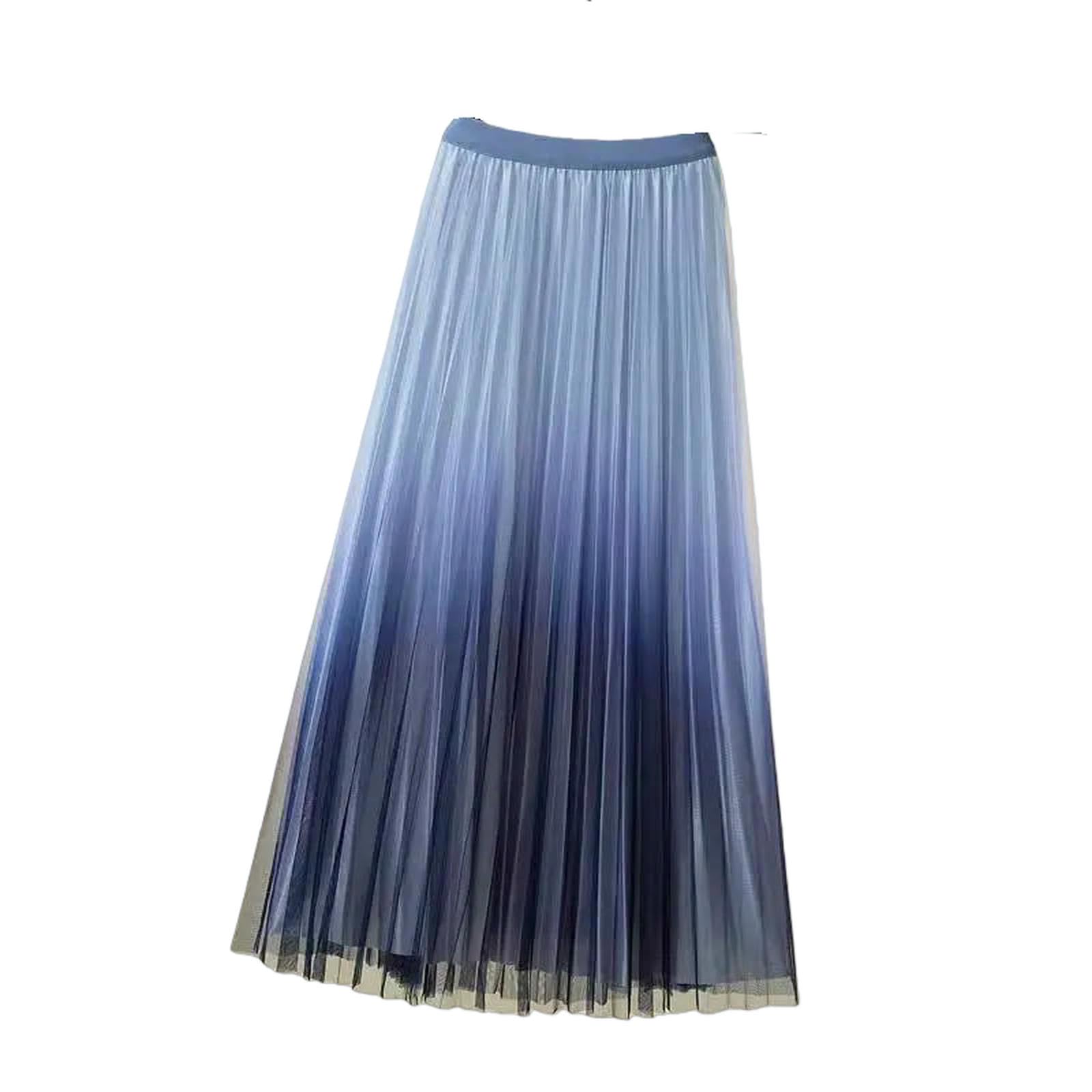 Gonna Lunga Gradiente Piegato Maglia Donne Elastico Vita Alta Casual A-Line Festa Midi Moda Primavera Estate-Blue-One Size