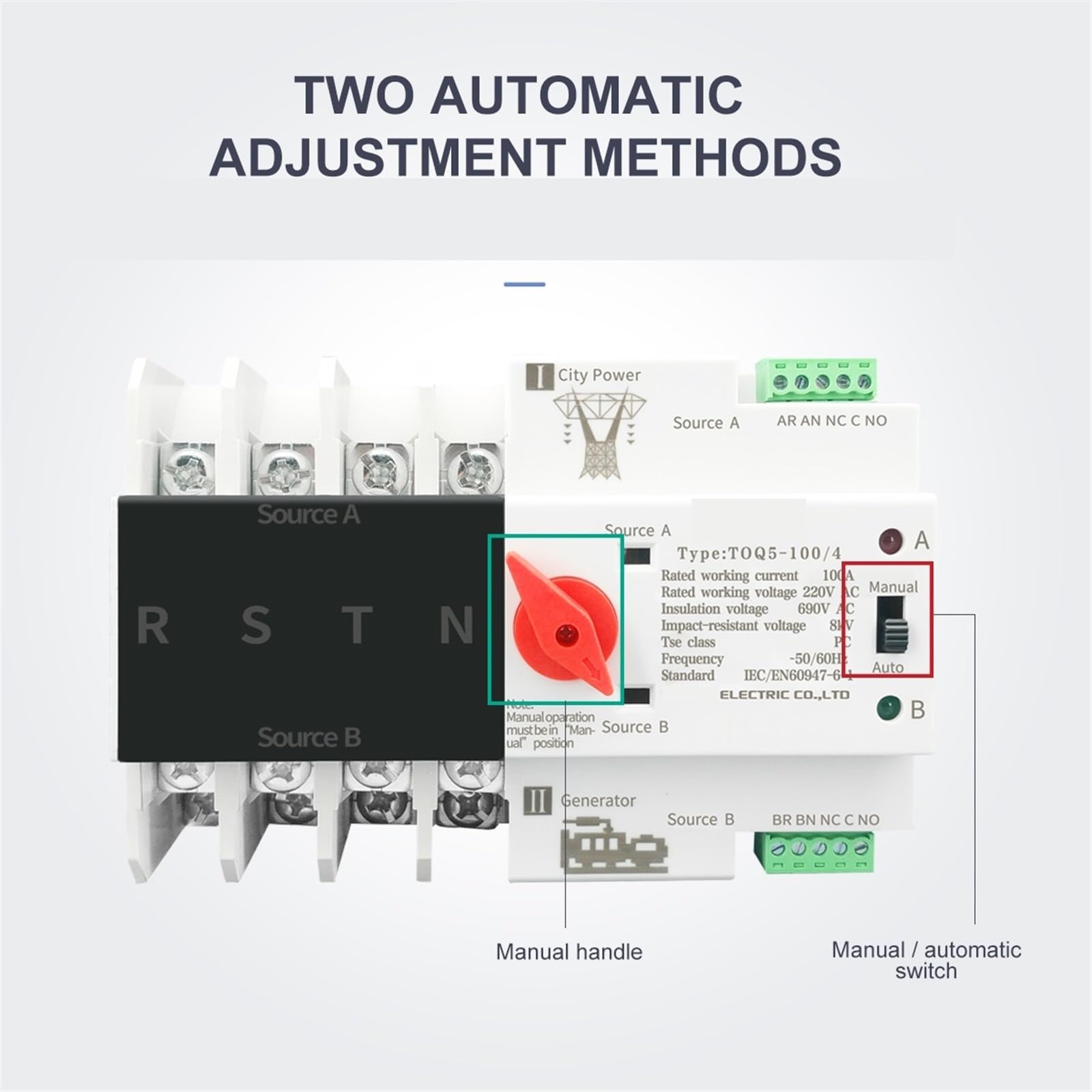 Interruttore di trasferimento automatico ATS trifase su guida DIN, doppia alimentazione, selettori elettrici, ininterrotta 4P 63A 100A 125A 1 pz(100A,110V)