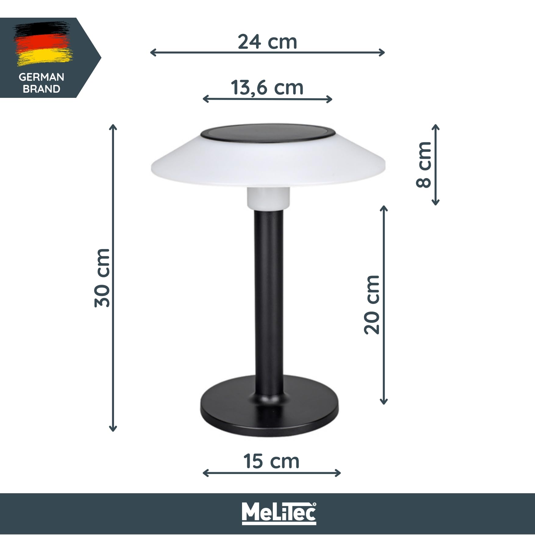 MeLiTec Solar-Tischleuchte SO47 - USB-C Ladekabel, Schwarz/Weiß - Stilvolle Outdoor- & Indoor-Leuchte mit integriertem Akku, Ideal für Balkon, Garten & Terrasse