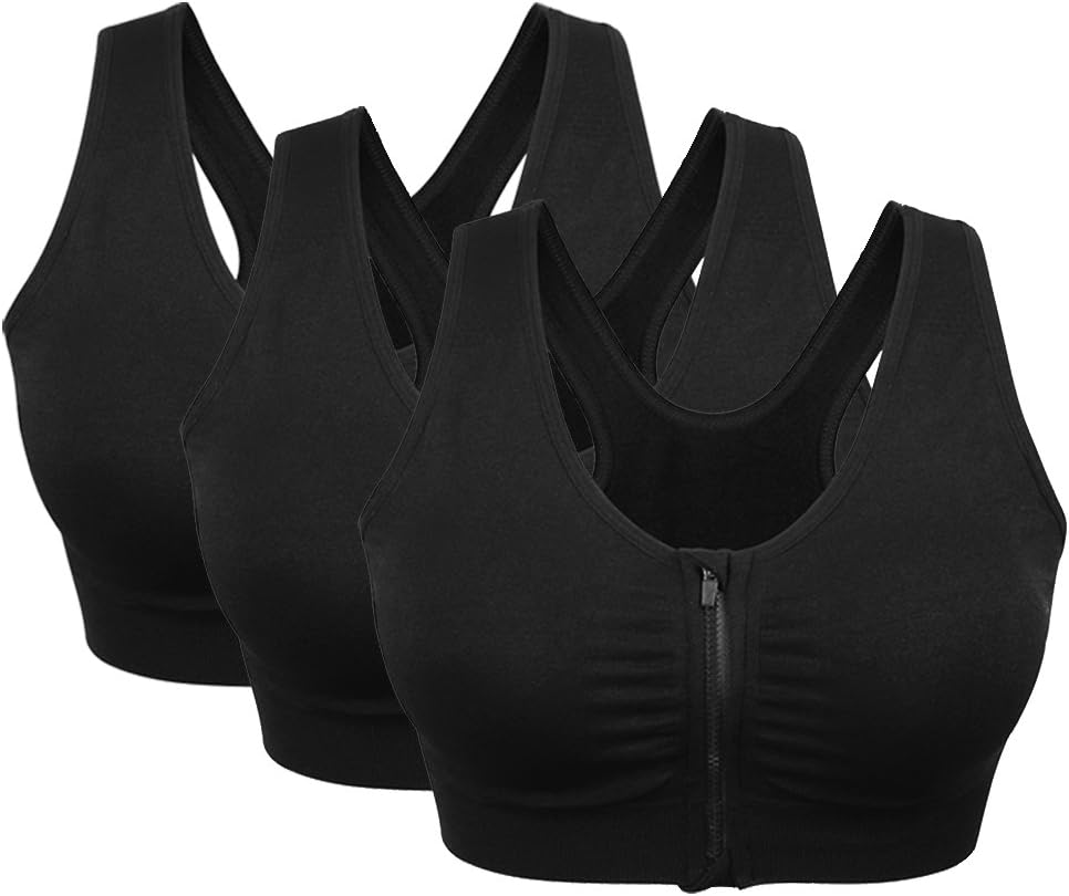 3 Pack Women's Sports Bra Zip Front Non Wired Comfy Post Surgery Bra with Removable Pads