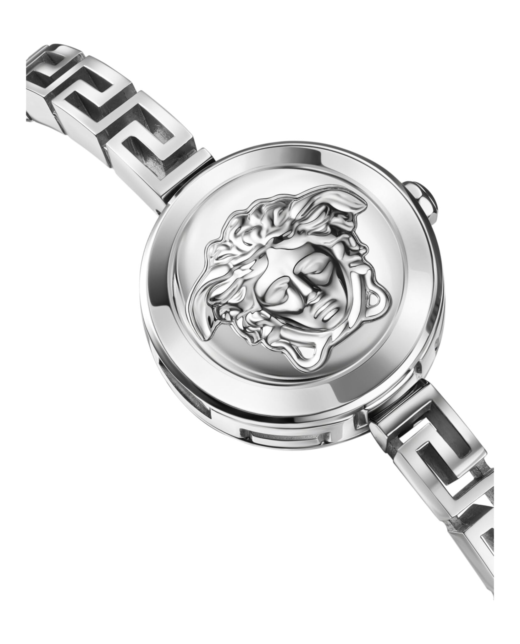 Versace Medusa Secret - Orologio da donna svizzero, di lusso, con quadrante a raggi solari argentati, cassa in acciaio inossidabile da 25 mm, bracciale Greca, chiusura con gioielli, 3 ATM