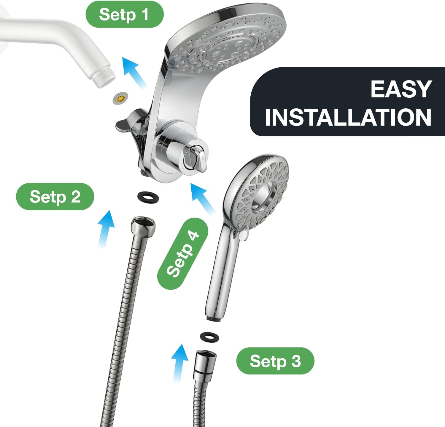 High Pressure Rain Shower Head with Handheld Spray Combo Fixed Showerhead Dual Shower Head Set 10 Sprays Detachable Hand Held Showerheads Built-in Magnetic System Chrome Polished