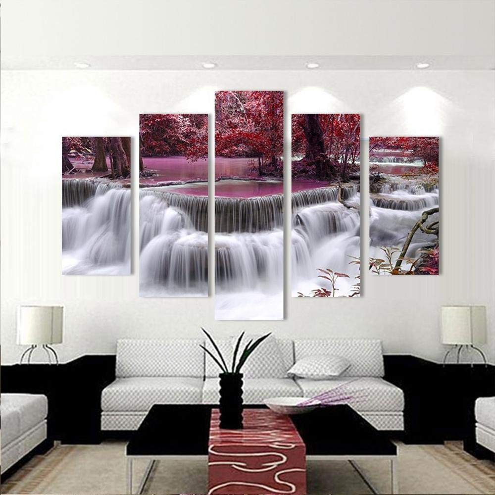 Art de mur cascade pourpre de prestige : tableau de maître lié à cinq panneaux