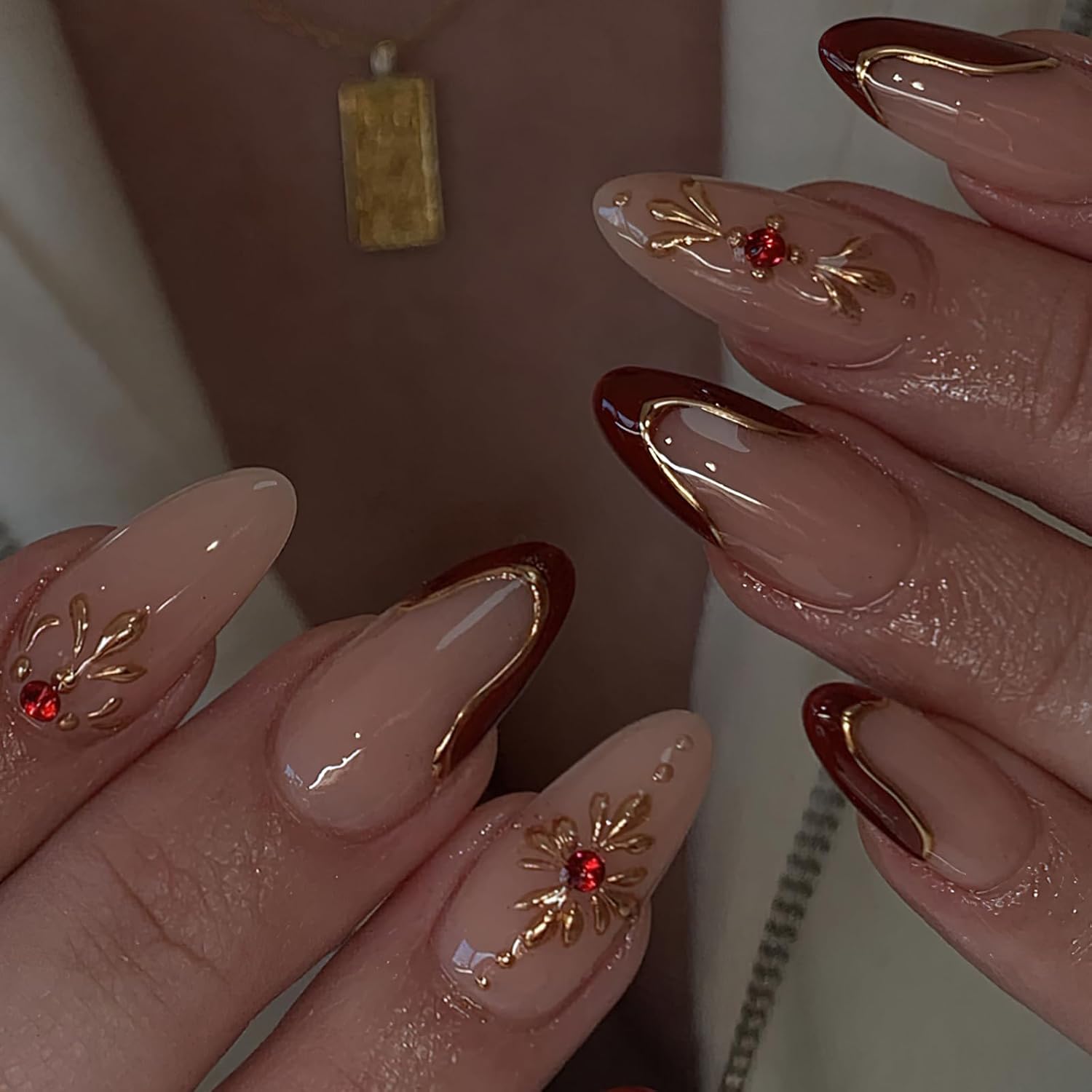 Red French Tip Press on Nails - Medium Almond with Gold Edge