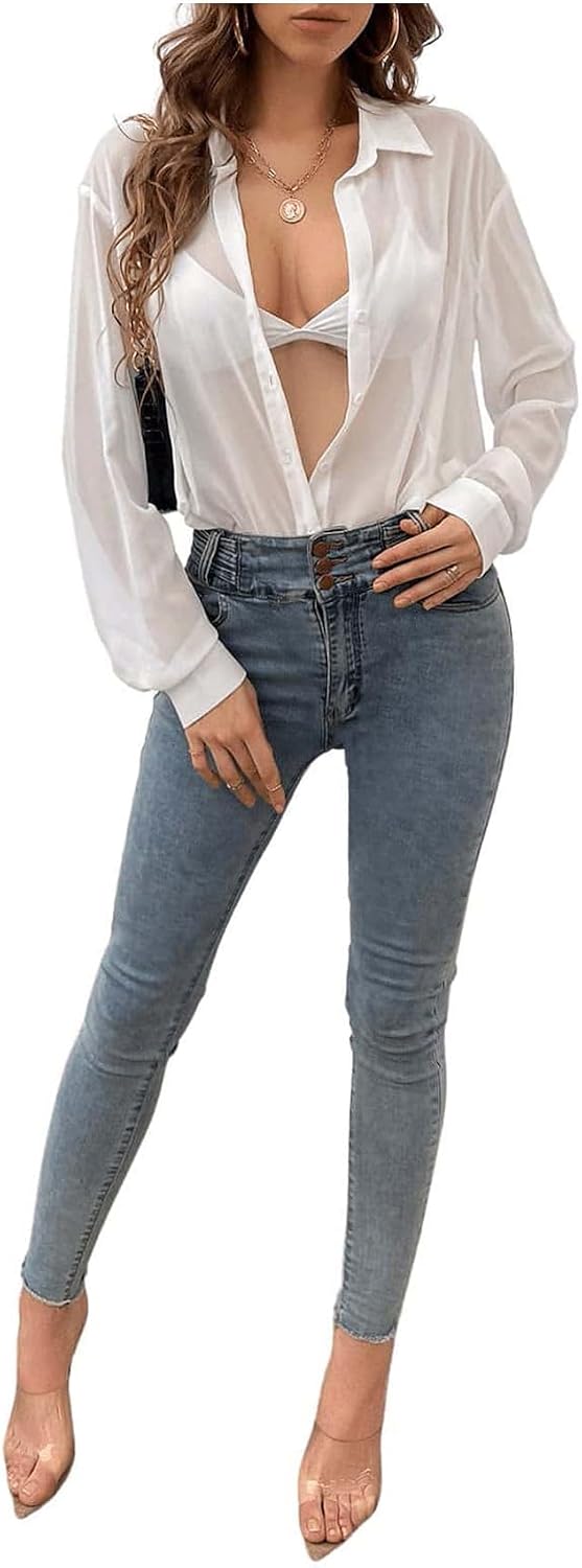 Verdusa Women's Sheer Mesh Blouses Button Down Shirts Long Sleeve Summer Tops