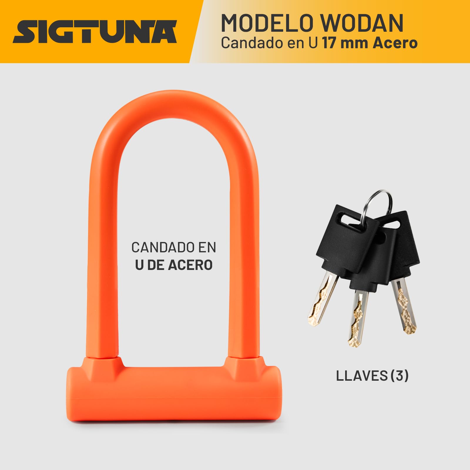 SIGTUNA Candado para bicicleta – Candado en U resistente de 17 mm, 3 llaves de alta seguridad para bicicleta de carretera, bicicleta eléctrica, bicicleta plegable, bicicleta de montaña