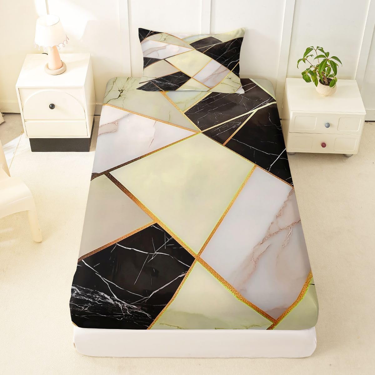 jejeloiu Marble Bed Sheets Set Twin Size Modern Aesthetic Bed Set for Kids Boys Girls Abstract Marbling Deep Pocket Fitted Sheet Breathable Soft Lightweight Microfiber
