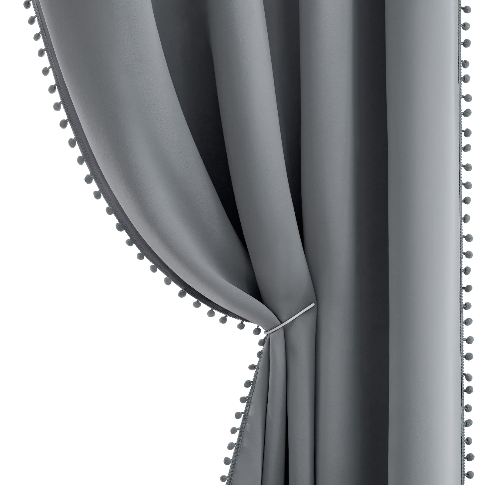 HOMEIDEAS Grey Pom Pom Blackout Curtains 52 x 84 Inches Long Gray Curtains for Kids Nursery Grommet Room Darkening Window Curtains 2 Panels for Bedroom/Living Room