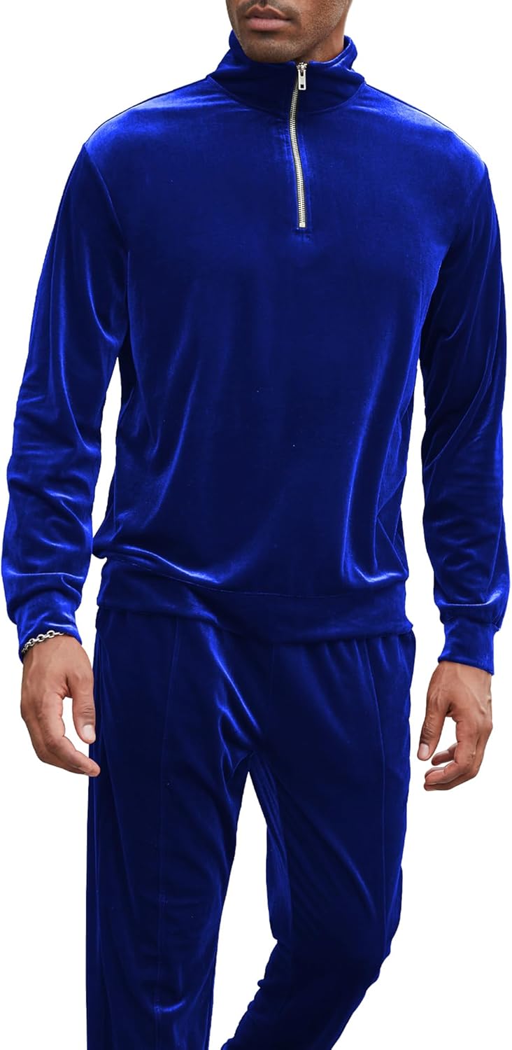 LecGee Men's 2 Piece Long Sleeve Tracksuit Velvet Quarter Zip Shirt Elastic Pant Velour Fall Casual Outfit Sweatsuit Set - Image 4