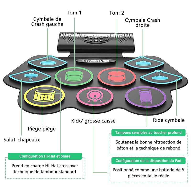 Batteria elettronica per adulti e bambini, 9 cuscinetti avvolgenti (9 pad) | Altoparlante Integrato, Compatibile MIDI, Portatile Kit Batteria Musica Elettronico per Principianti e Professionisti