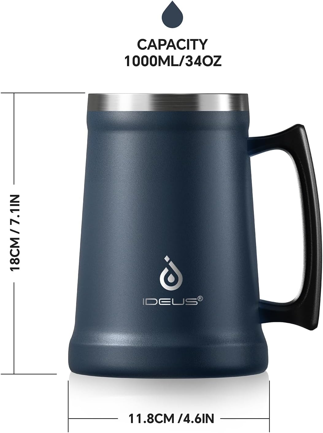 Ideus Insulated Beer Stein, 24/32oz Stainless Steel Double Walled Beer Mug Giant Bar Drinkware Metal Beer Cup with Big Grip Handle (Navy Blue, 34oz (1,000ml)) - Image 4