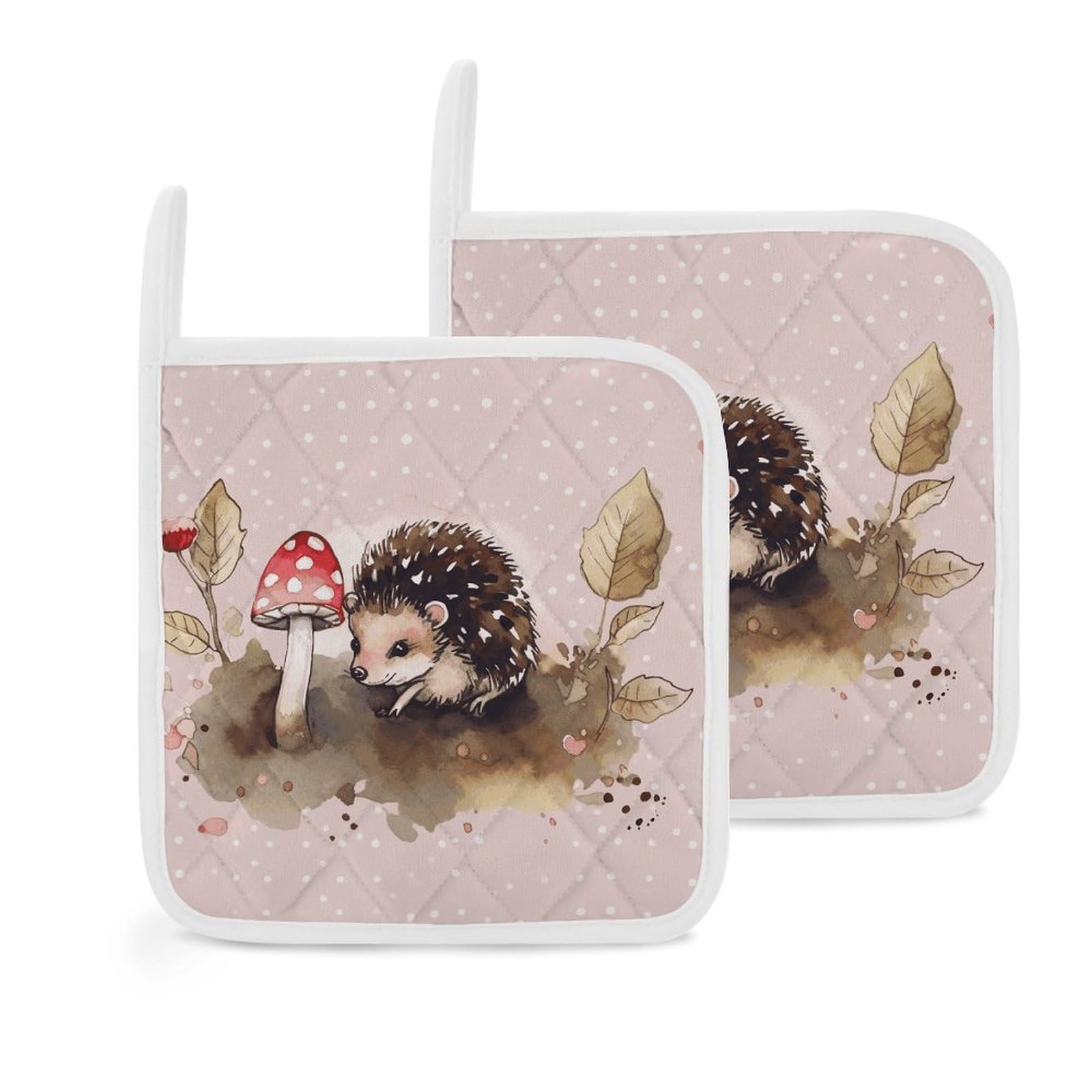 Btcowzrv Style Hedgehog Watercolor Painting 2 Pack Pot Holders For Kitchen, Heat Resistant Potholder Set With Hanging Loops, Hot Pads For Oven Baking Cooking