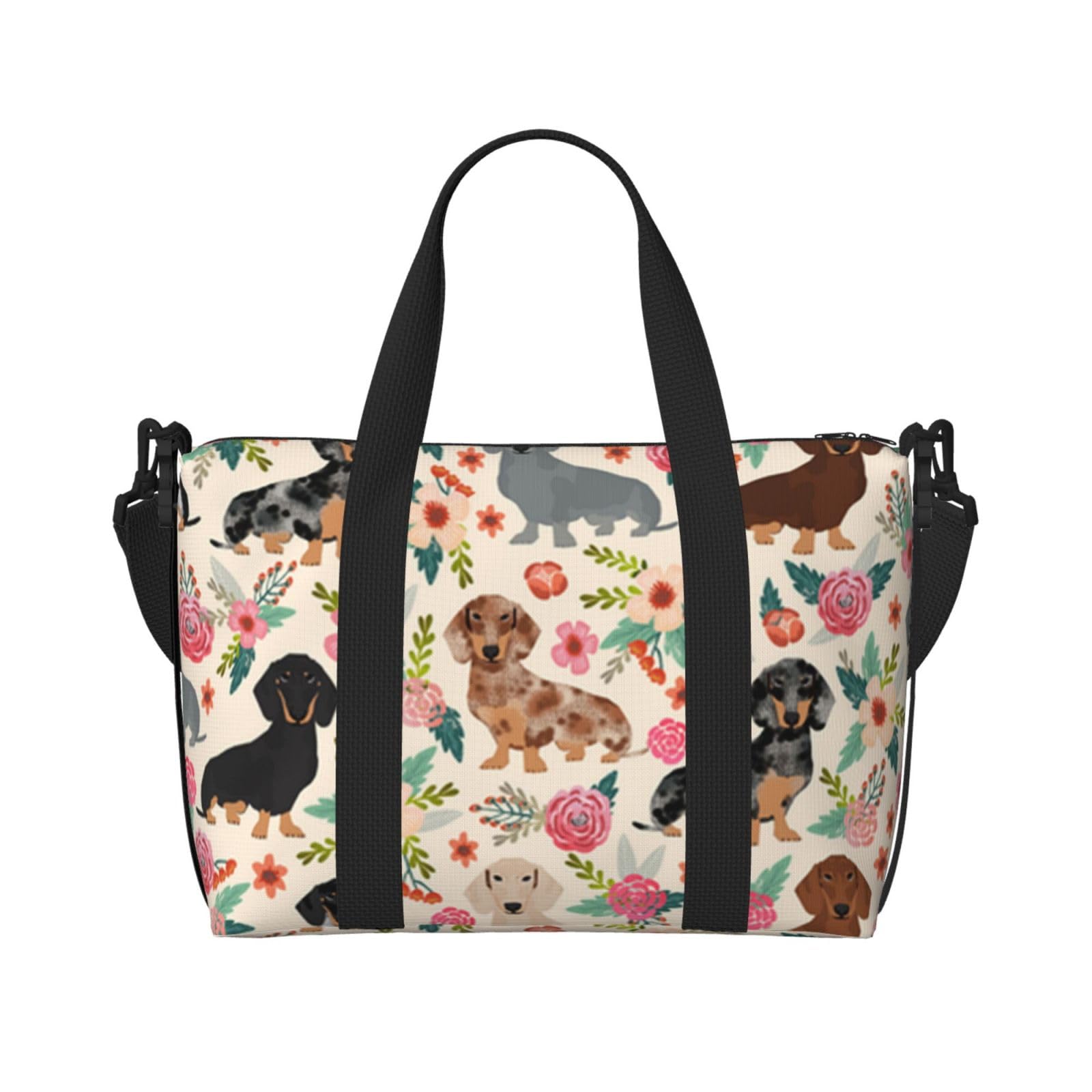 Dachshund Floral Printed Travel Duffel Bag for Women Men - Weekend Overnight Bags with Adjustable Shoulder Strap and Handle