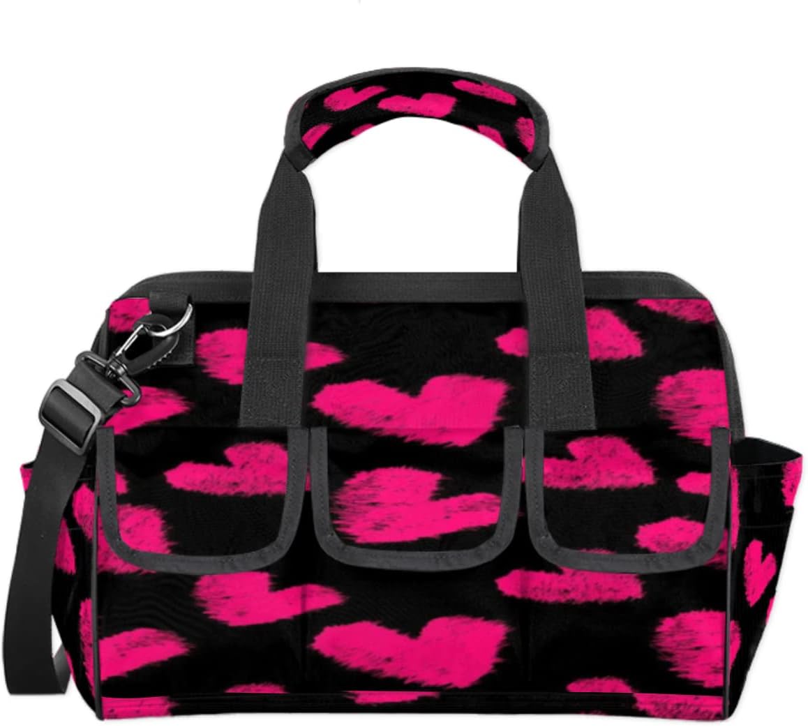 Pink Love Heart Tool Bag for Men Women Heavy Duty Multi-Pockets Wide Mouth Tool Tote Waterproof Tool Bag Organizer with Adjustable Shoulder Strap