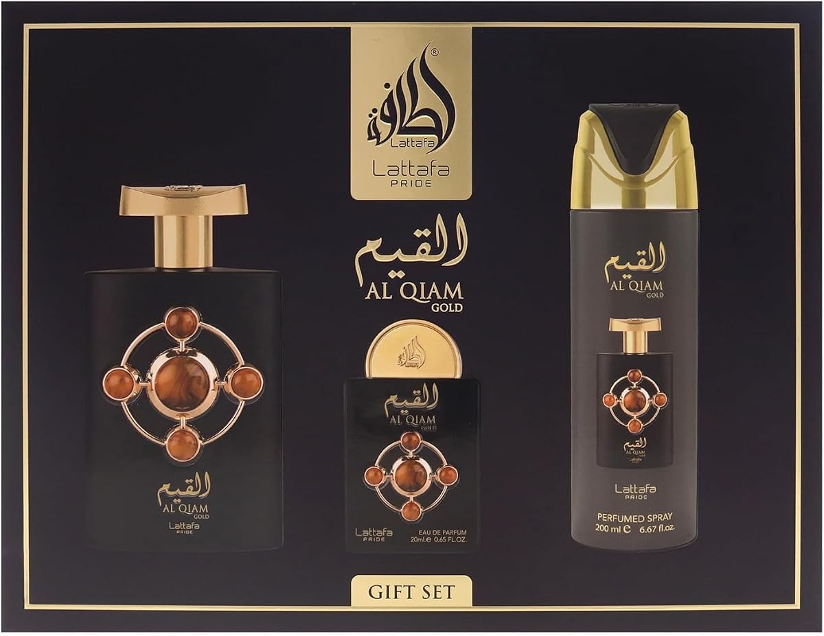 Lattafa Pride - Al Qiam Gold para hombres - Juego de regalo de 3 piezas en spray EDP de 3,4 oz, spray corporal perfumado de 6,67 oz, spray EDP de 0,67 oz