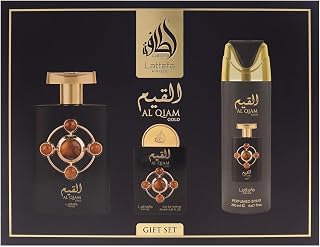 Lattafa Pride - Al Qiam Gold para hombres - Juego de regalo de 3 piezas en spray EDP de 3,4 oz, spray corporal perfumado de 6,67 oz, spray EDP de 0,67 oz