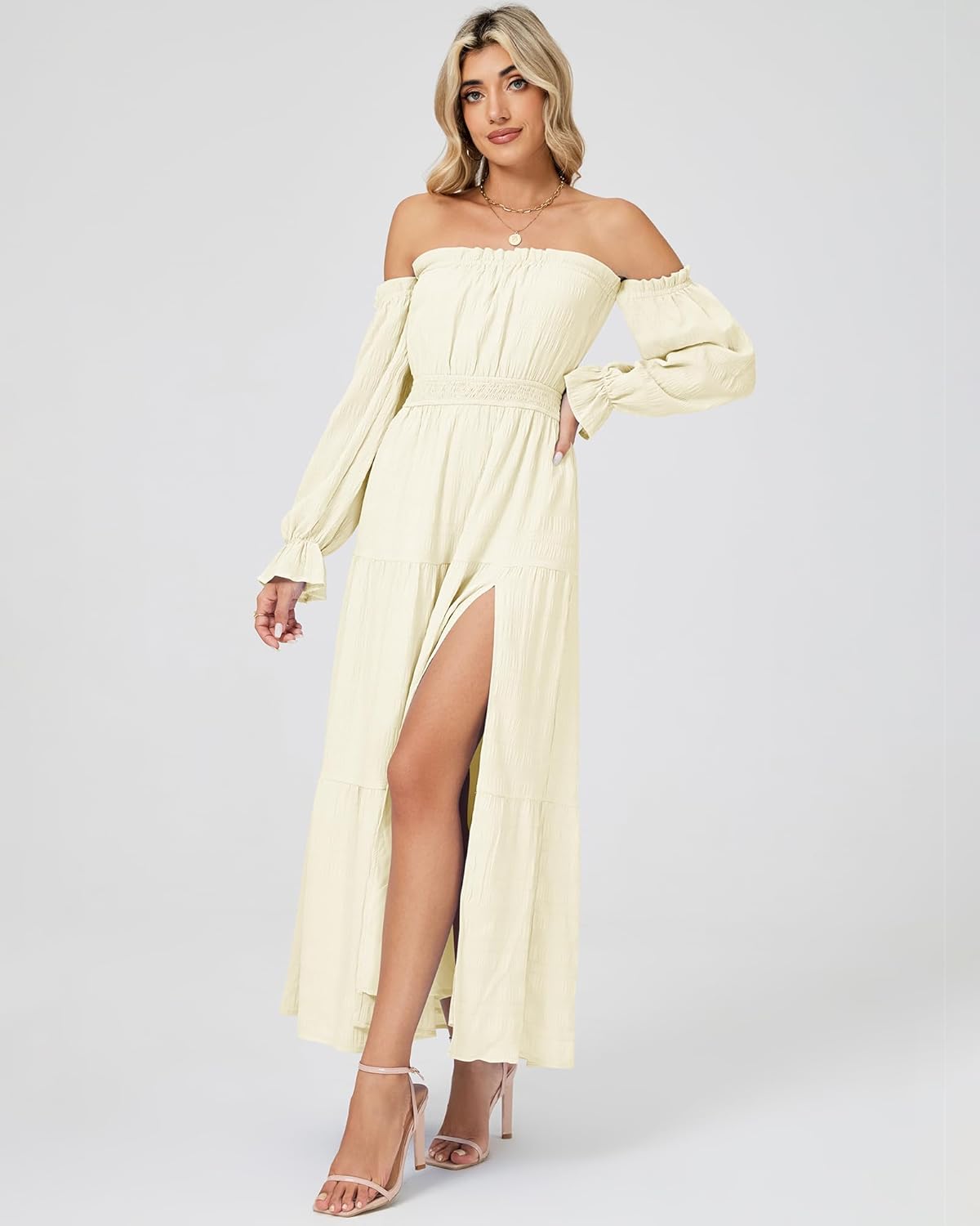 Women Boho Maxi Dress Sexy Off Shoulder Long Sleeve Smocked Flowy Dresses A Line Tiered Sundress Slit Wedding Dress - Image 7