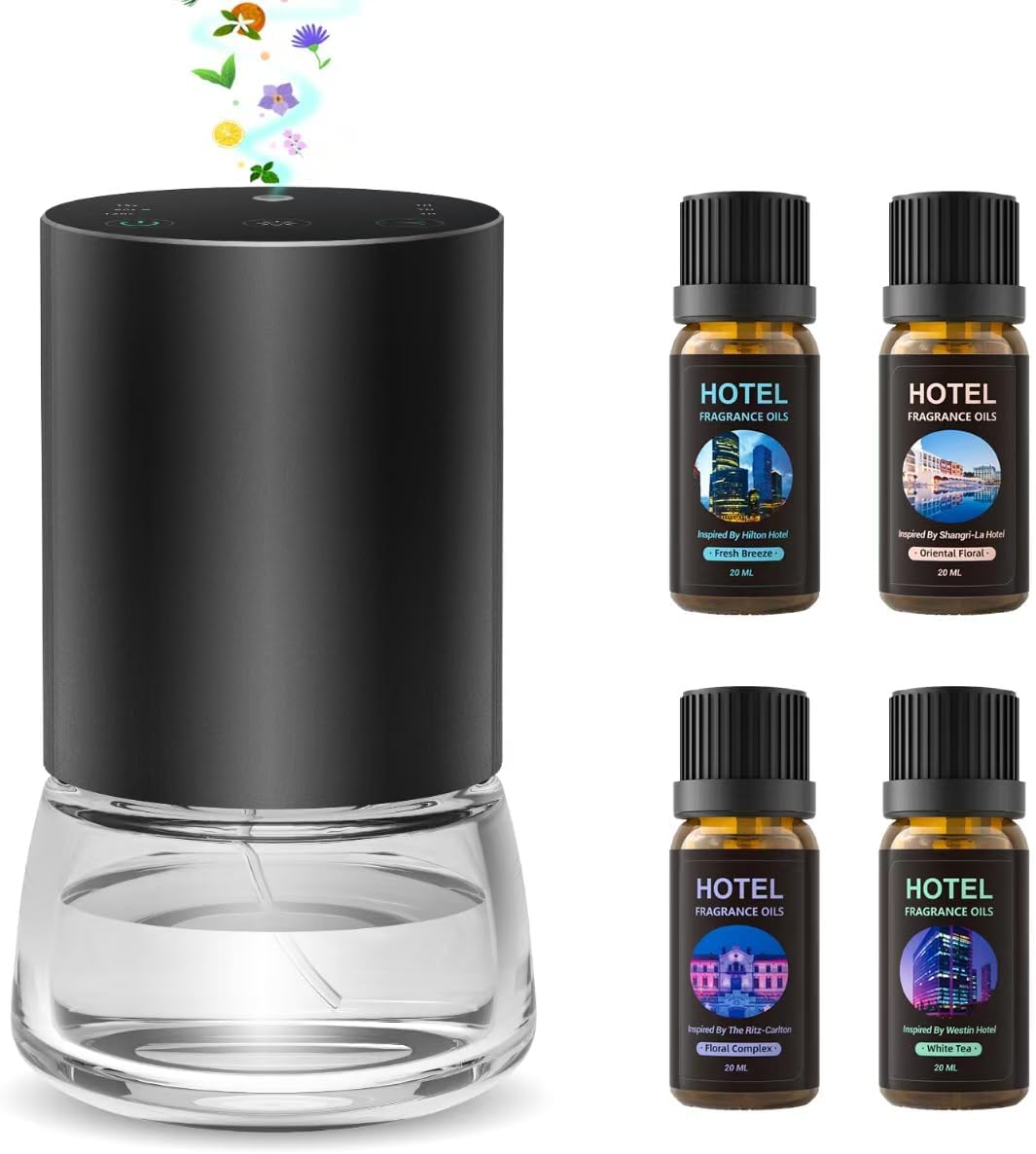 100ml Waterless Essential Oil Diffuser with 4 * 20mL Hotel Scent Fragrance Oil, Battery Operated Mini Scent Air Machine Portable Diffuser