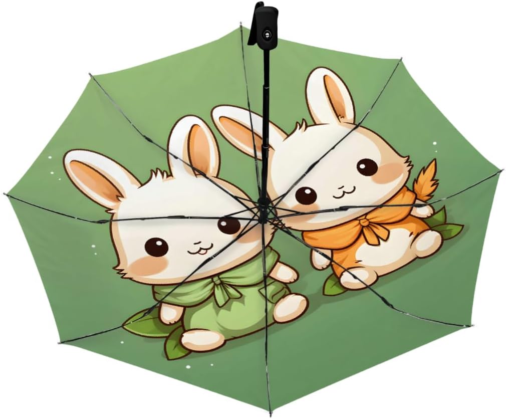 Cute Animal Rabbits Folding Umbrella Windproof Compact Lightweight Travel Umbrella with 8 Reinforced Ribs, Portable UV Sun & Rain Protection for Men & Women