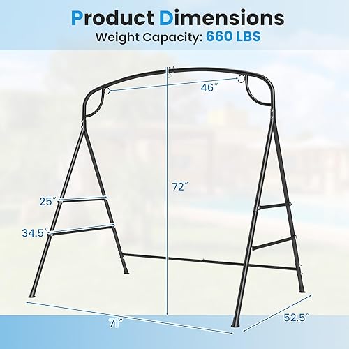 Miniatura 6 de Tangkula Marco de columpio de metal, soporte de columpio para porche con barras laterales adicionales, diseño de 3 anillas, marco de columpio