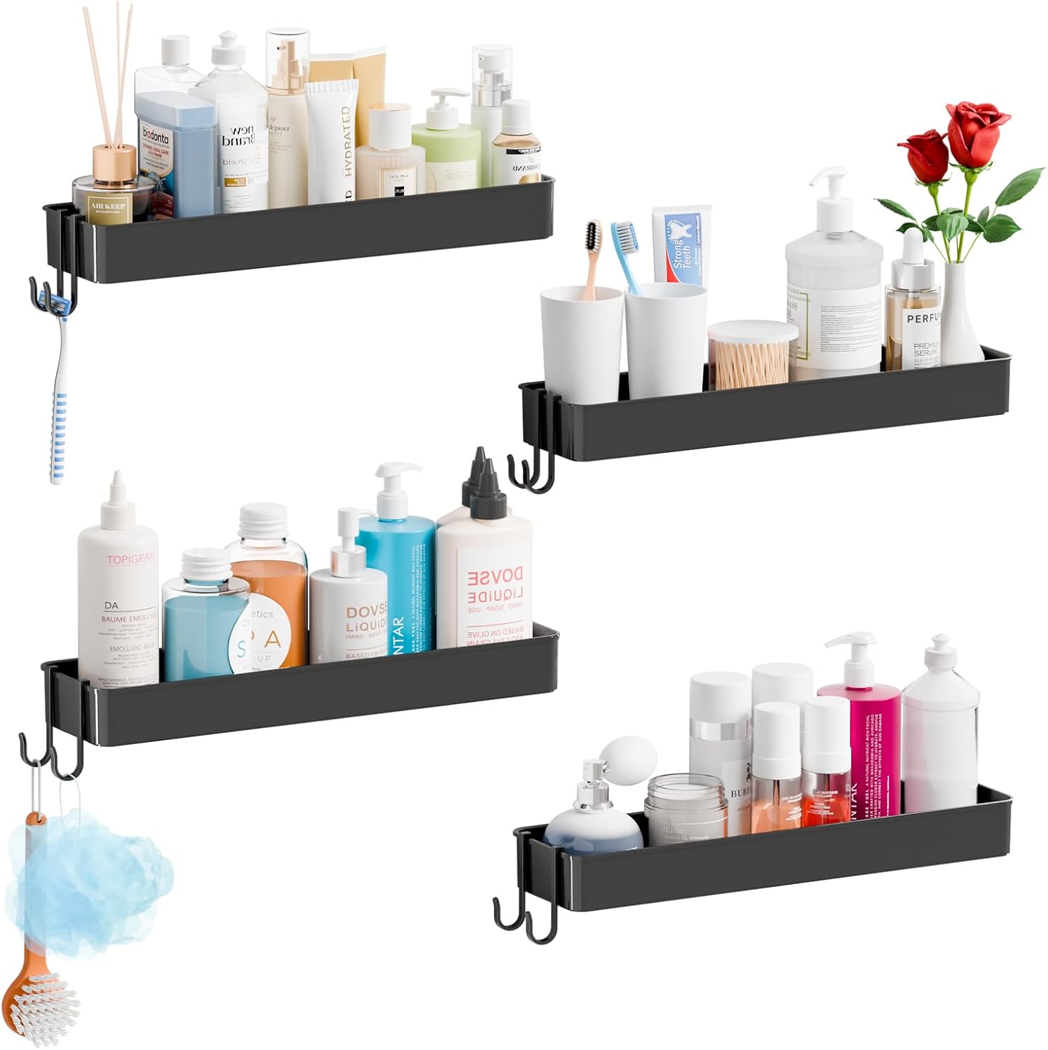 Yieach 4 Pack in Shower Organizers,Adhesive Shower Caddy,No Rust Acrylic Shower Shelves & Storage Rack,Plastic Bathroom Shelves,Bathtub Storage Organizer,Shampoo,Conditioner Holder for Washroom,Black