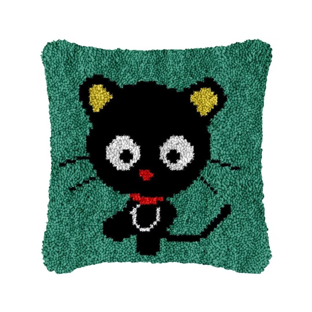 ROCKY&CHAO Latch Hook Kit for Adults & Kids, Complete DIY Cushion Making Craft Kits with Yarn & Canvas and Crochet Needle, Latch Hook Pillow Cover Adult Craft Kits for Women - Black Cat 43x43cm — image 1