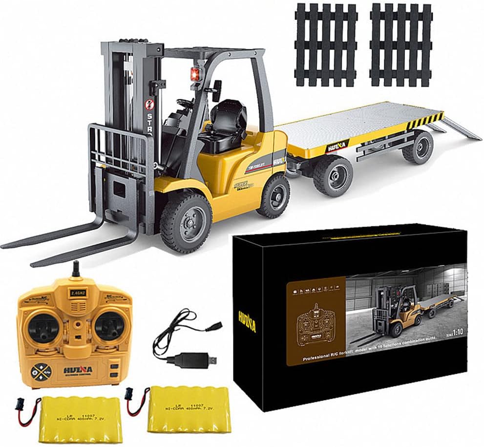 Contents of the YIKESHU RC Forklift package including forklift, remote, batteries, charger, and accessories.