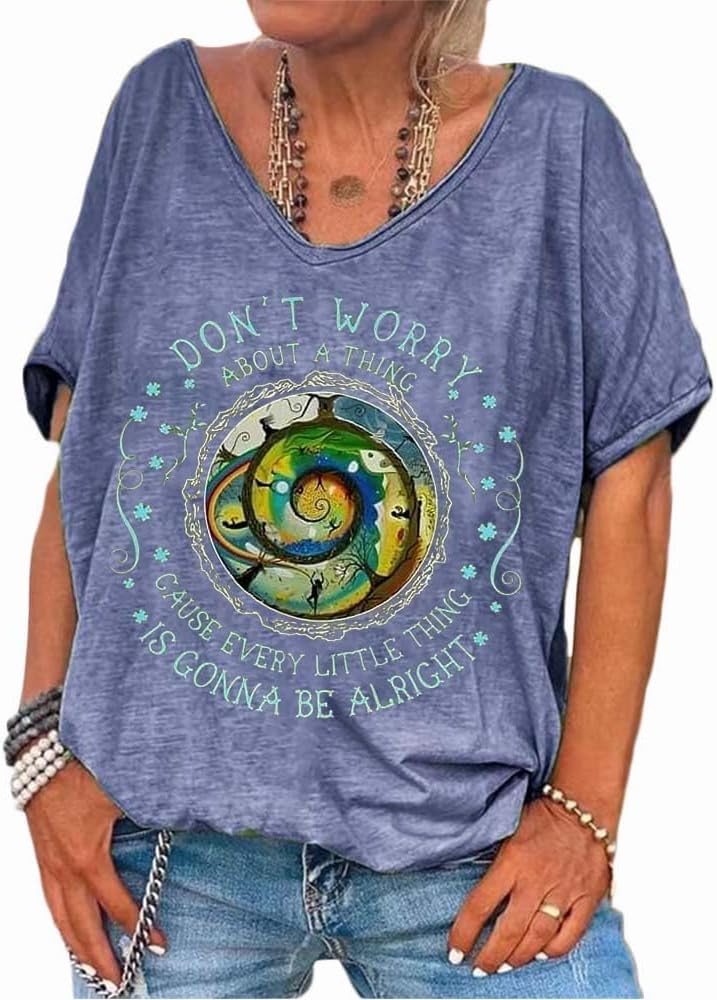Every Little Thing is Gonna Be Alright Tshirt Positive Quote Shirt Hippie T Shirts for Women Retro Vneck Tee