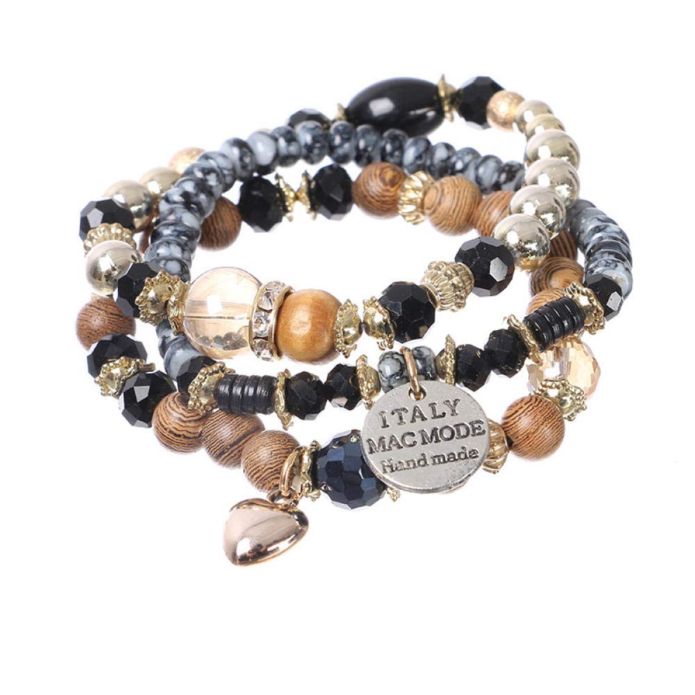 Bracciale in Perline in Lega per Donne, Bracciale in Perline Multistrato Bracciale Nero Bracciale in Gemma Gemma in Perline Amore a Ciondolo Bracciale Elastico Bracciale Femmina Gioielli